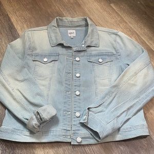 kensie distressed pinstripe jean jacket